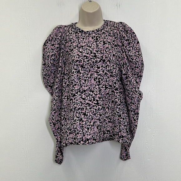 H&M - Black And Purple Floral Puff Ling Sleeve 2 Button Closure Blouse Small - Picture 2 of 14